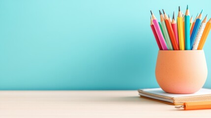 Fototapeta premium Colorful Pencils in a Peach Holder on a Desk, AI