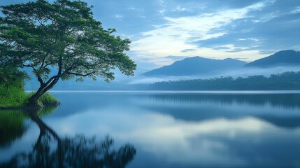 Serene Lake with Tree and Mountain Reflections