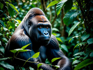 Fototapeta premium Intense portrait of a gorilla amid lush jungle foliage 