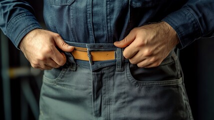 Man adjusting pants with belt.