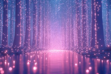 Enchanting Forest Path with Glowing Lights and Reflections