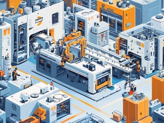 Obraz premium A bustling production line where artists collaborate with machines, painting and illustrating on digital canvases in a highly efficient industrial setting