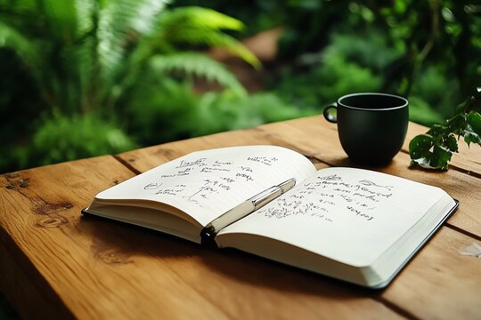 Realistic image of a journal open on a wooden table, with notes about transcendentalism and sketches of nature, symbolizing the focus on personal reflection and natural beauty