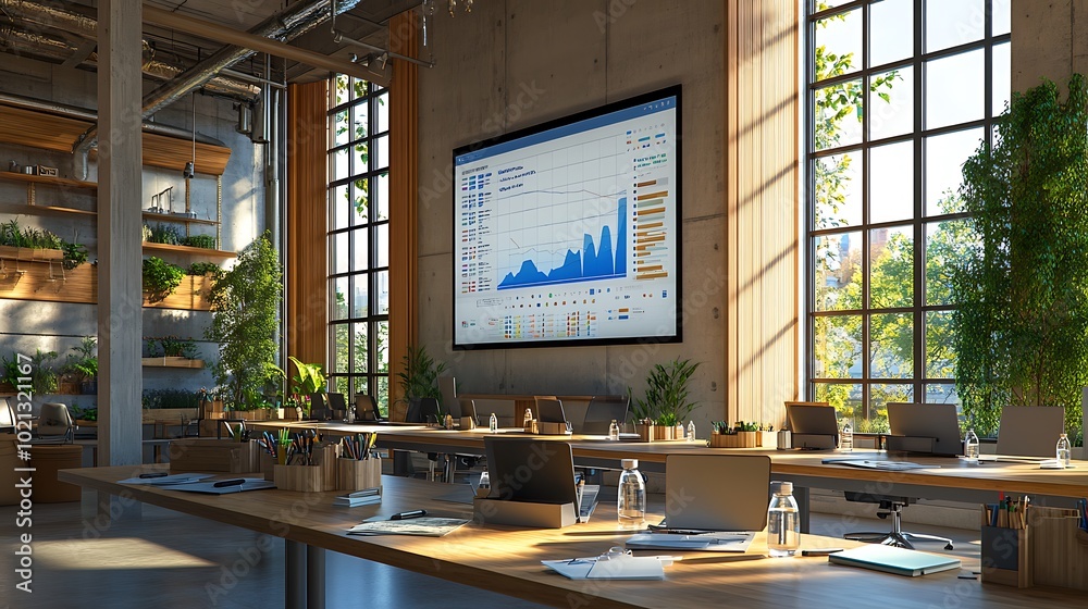 Aufkleber A modern office space featuring large windows, greenery, and a screen displaying data analytics.