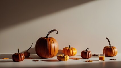 Minimalistic picture for Halloween. Pumpkins on a light background. Play of light and shadow.