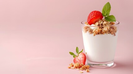 Strawberry yogurt parfait with granola, light pastel background