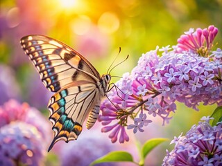 Obraz premium Delicate lilac flower adorned by a colorful butterfly resting on its petals in a serene garden setting