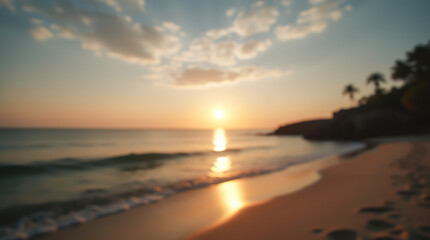 Fototapeta premium The image shows a sunset on a tropical beach with palm trees on the horizon. The sun is setting over the ocean, creating a golden reflection on the water and sand
