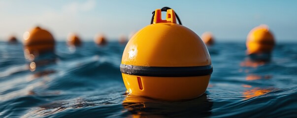 Close-up of a bright yellow buoy floating on the water, surrounded by additional buoys in a serene coastal environment.