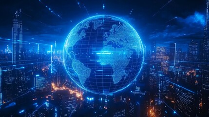 Obraz premium Futuristic Global Connectivity in a Nighttime Cityscape with Digital Earth