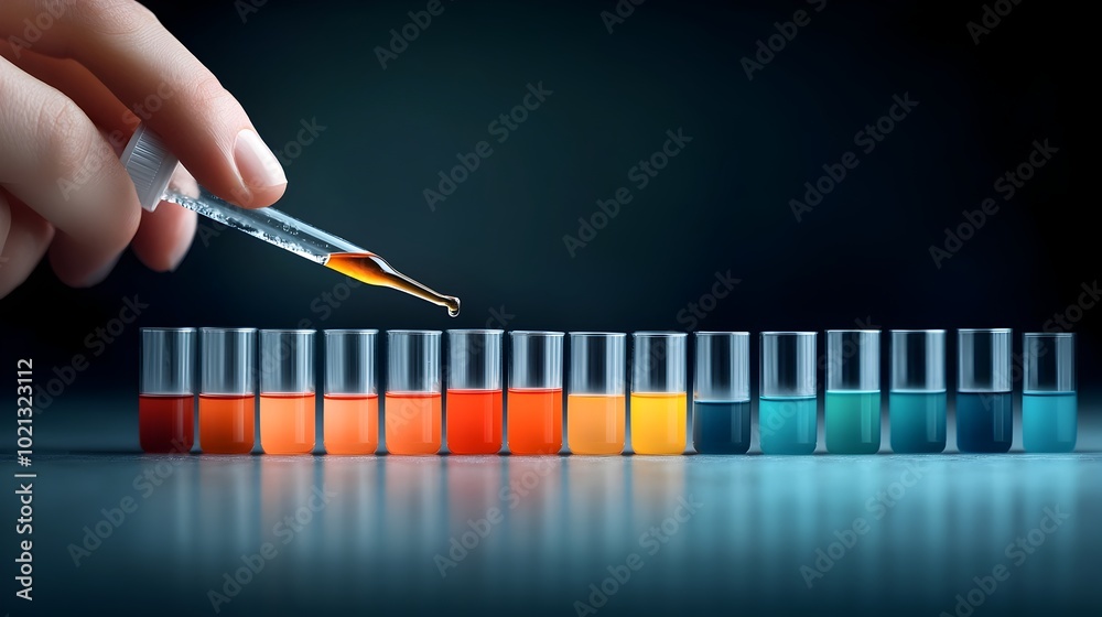 Poster closeup view of skilled hands precisely dispensing vibrant liquid solution into a row of scientific 