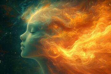 Profile of a Woman Surrounded by Fire and Space
