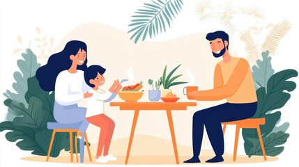 Family Enjoying Breakfast in a Tropical Setting, AI