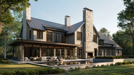 Modern House with Backyard Pool and Stone Facade