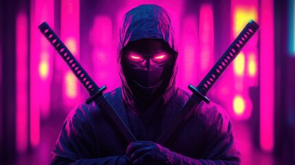 Neon Samurai: A mysterious figure in a hooded cloak and mask stands against a backdrop of neon lights, holding two katana swords, his eyes glowing with an otherworldly intensity.