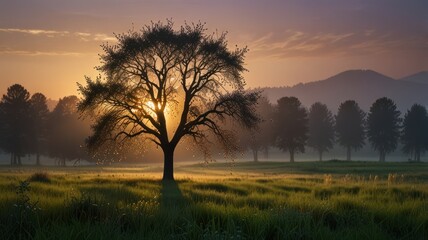 Naklejka premium A lone tree stands silhouetted against a vibrant sunrise, casting a long shadow across a grassy field. The sun peeks through the branches, creating a stunning display of light and shadow.