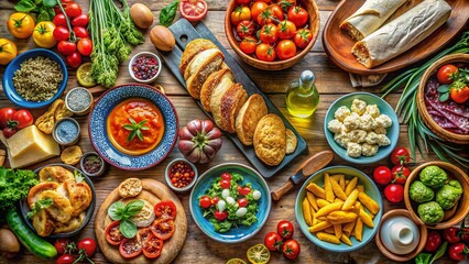 Fototapeta premium Delightful European Lunch Spread Featuring Fresh Ingredients, Artisan Bread, and Colorful Dishes for a Perfect Midday