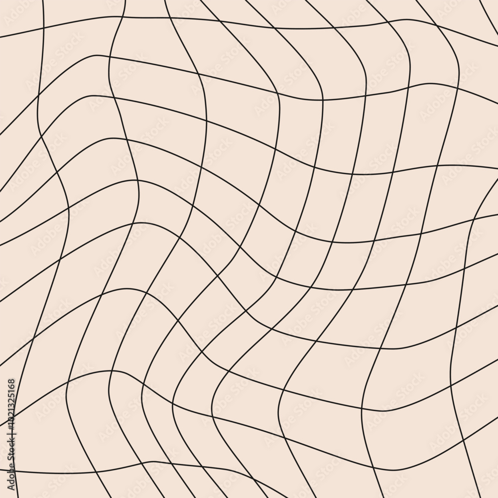 Poster Twisted checkered linear background. Abstract vector pattern. Black and beige colors. Retro wavy checkerboard	