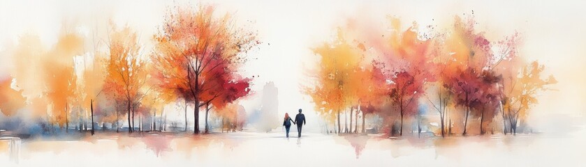 Watercolor Painting of Couple Walking in Autumn Forest