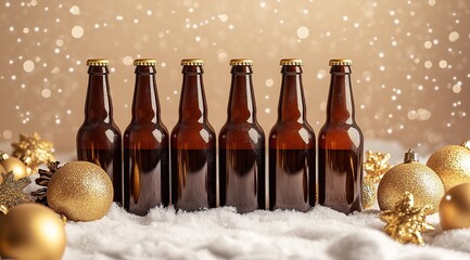 Six beer bottles standing in snow with christmas decoration