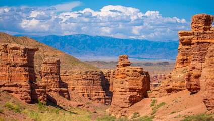 Charyn Canyon, Valley of Castles. The excellence of Kazakhstan. Panorama of natural unusual landscape. The red canyon of extraordinary beauty looks like a Martian landscape.