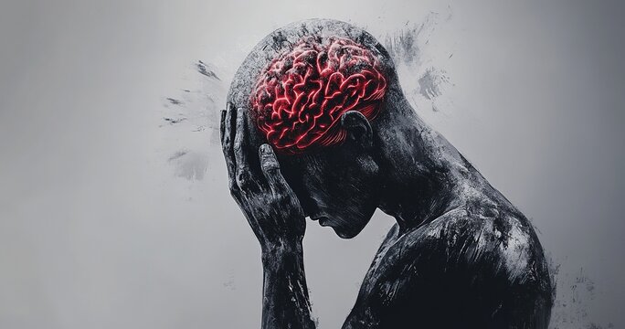 Man with head in hands, brain glowing red from pain and fatigue.