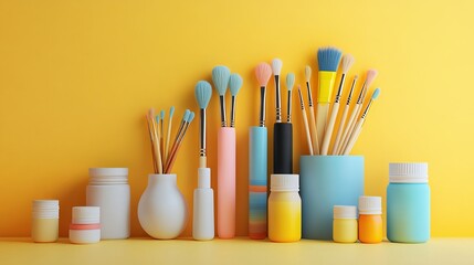 Artistic accessories such as paint brushes and paint jars are displayed on a yellow backdrop, rendered in 3D. 