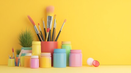 Artistic accessories such as paint brushes and paint jars are displayed on a yellow backdrop, rendered in 3D. 