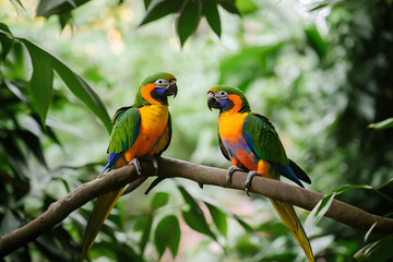 Obraz premium Parrots in a Rainforest: A pair of brightly colored parrots perched on a tree branch in a lush, green rainforest