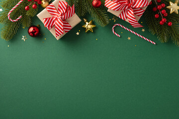 Top view of Christmas decorations with gifts, candy canes, and ornaments on a green background creating a festive holiday atmosphere
