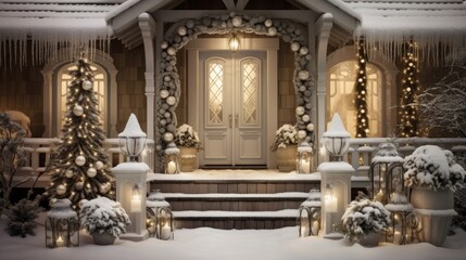 Christmas porch decoration idea. House entrance decorated for holidays. Neural network ai generated art