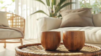 Wooden Cups on Wicker Tray in Minimalist Living Room