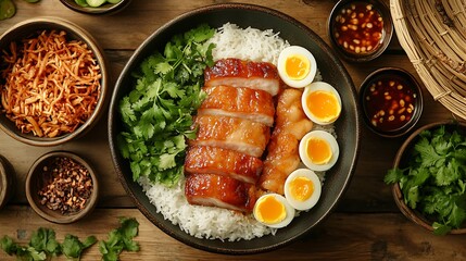 A beautifully arranged top-down view of a Thit Kho set meal, with separate bowls of caramelized pork belly, soft-boiled eggs, and steamed white rice, garnished with fresh herbs and chili slices.