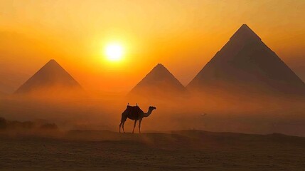 As dawn breaks over the desolate sands, the sun casts its golden rays upon a lone camel, silhouetted against the majestic pyramids in the distance. The serene morning air shimmers with warmth