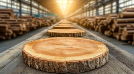 Rustic Wooden Tree Slice Tabletop With Blurred Timber Background