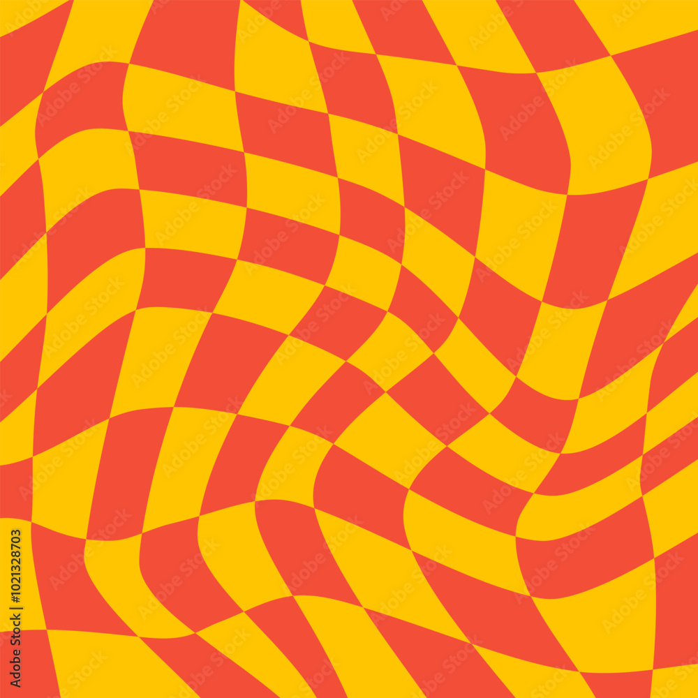 Aufkleber Twisted checkered colorful background. Abstract vector pattern. Red and yellow colors. Retro wavy psychedelic checkerboard	