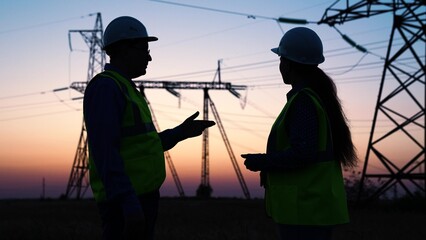 Team of professionals discusses results of day at high voltage line towers at sunset. Skilled engineers man and woman gather reviewing accomplishments. Electricians silhouettes meet to exchange ideas