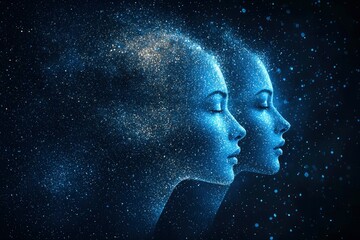 Two Silhouettes of Women's Faces Emerging from a Starry Night Sky