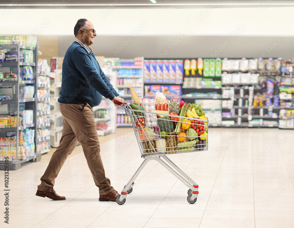 Wall mural mature man in a supermarket walking and pushing a shopping cart with groceries