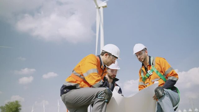 Team of engineer specialist in renewable energy wearing personal protective equipment sits looking at blueprints and discussing install and repair an environmental wind turbine on construction farm. 