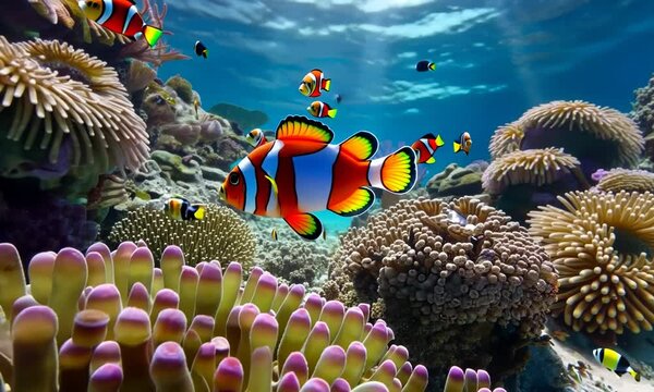 A colorful fish swims in front of a coral reef Video