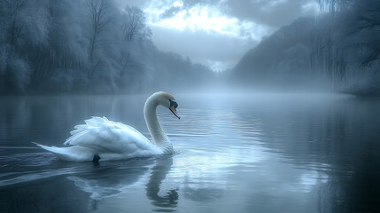 Fototapeta premium Mute swan gracefully swimming on a river captured with moonlight under a stormy sky