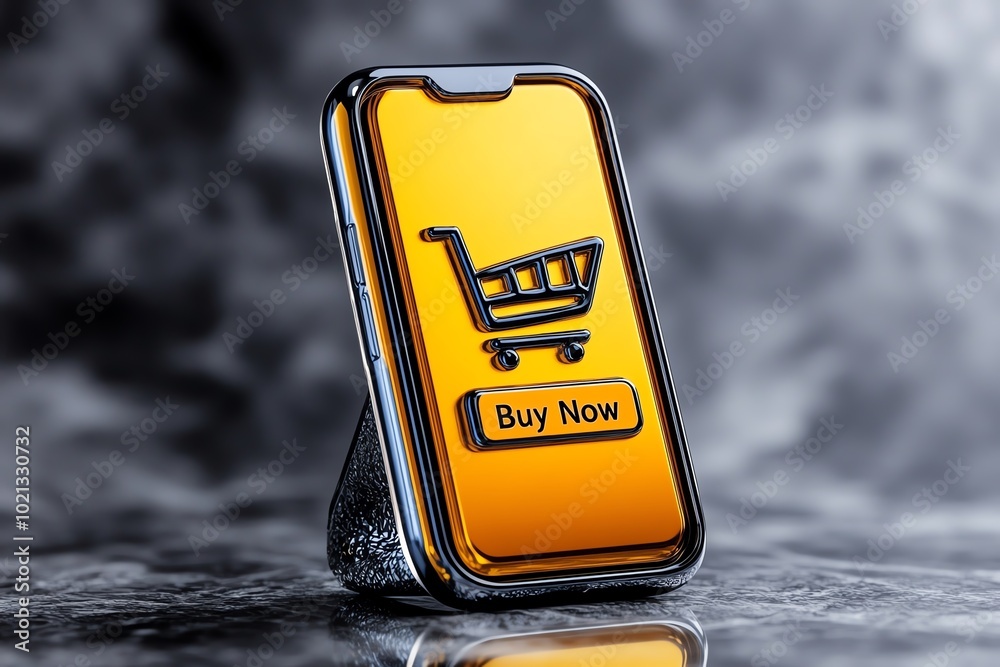 Poster simple minimalist icon of a smartphone with a â€œbuy nowâ€ button, representing the ease of mobile 