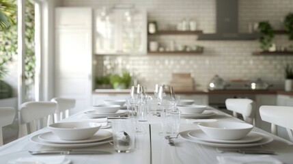 Fototapeta premium Modern Kitchen Interior Design with White Dining Table and Chairs