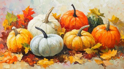 Colorful arrangement of pumpkins and autumn leaves on a textured background in a seasonal harvest setting