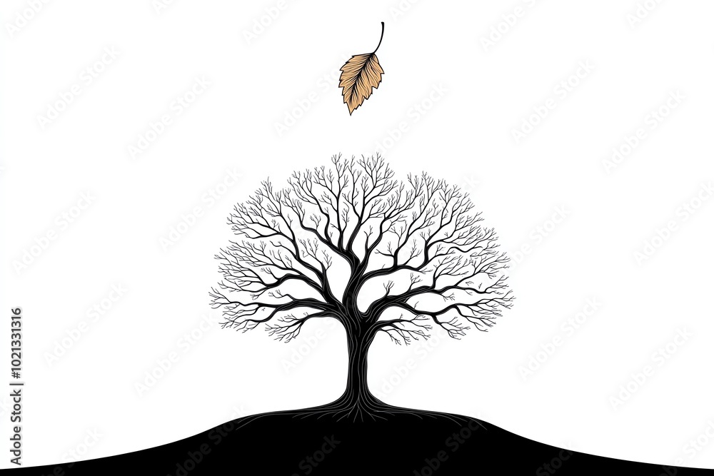 Aufkleber Simple minimalist line art of a single leaf falling from a tree, representing the transcendentalist connection to the natural cycle of life