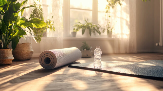 Yoga-Matten und Wasserflasche im Morgenlicht als einladender Ort zum Heimtraining