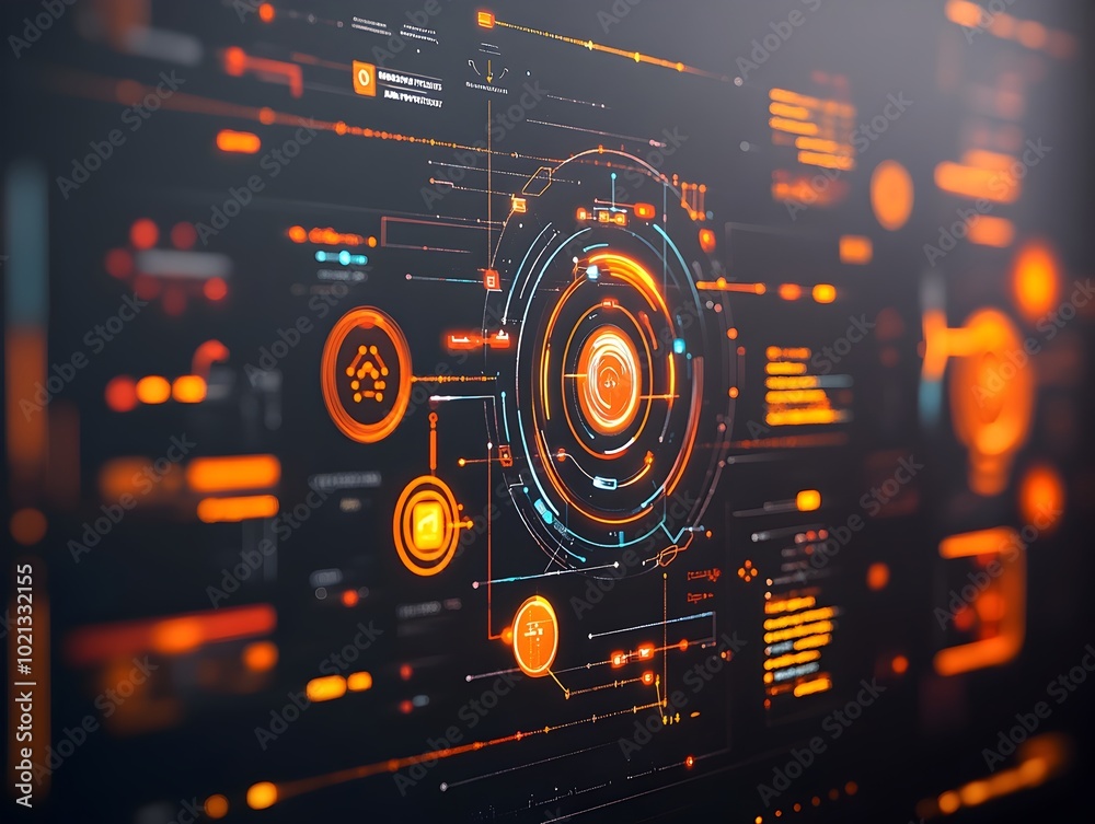 Poster visually striking and immersive technological landscape featuring a heads up display and sophisticat