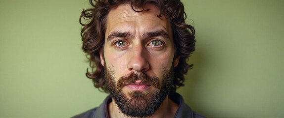 Thoughtful Man with Curly Hair and Beard