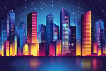 Naklejka premium Nighttime cityscape with skyscrapers reflecting in still water